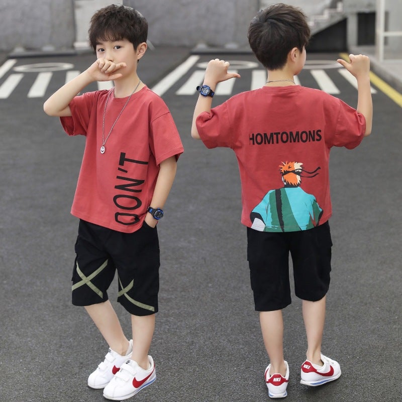 Boys Cartoon Cotton T-Shirt Shorts Set Summer 2024 [Fire Shadow Red] T-shirt + shorts 