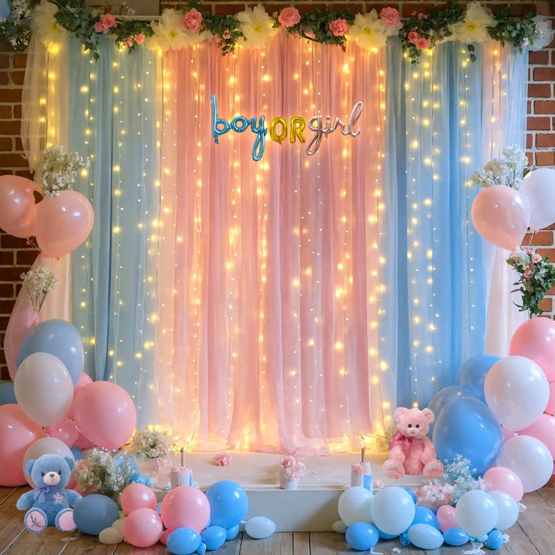 Suppromo Pink Blue Sheer Tulle Backdrop Curtains with Lights String for Gender Reveal Baby Shower Decorations for Boy or Girl Birthday Party Photo Shoot Backdrop Background Decorations 2 Panels 5Ã—8ft - Image 3