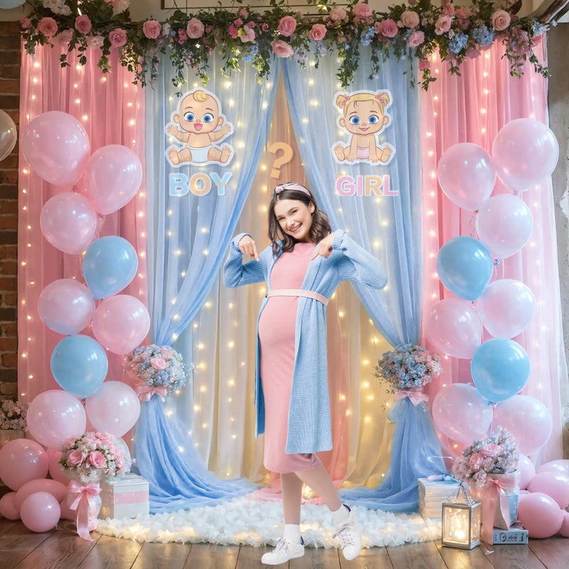 Suppromo Pink Blue Sheer Tulle Backdrop Curtains with Lights String for Gender Reveal Baby Shower Decorations for Boy or Girl Birthday Party Photo Shoot Backdrop Background Decorations 2 Panels 5Ã—8ft - Image 2