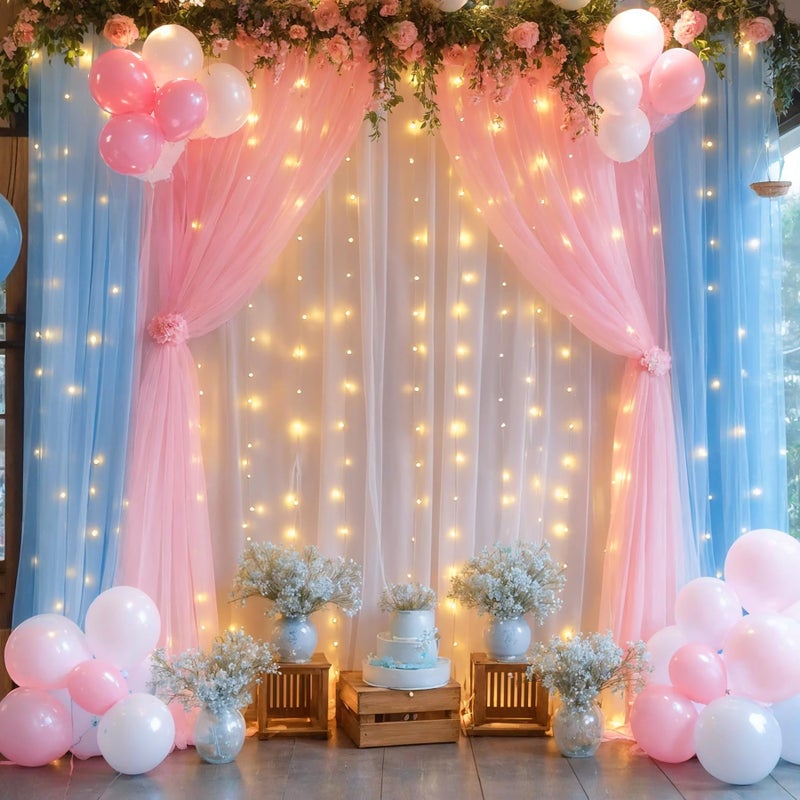 Suppromo Pink Blue Sheer Tulle Backdrop Curtains with Lights String for Gender Reveal Baby Shower Decorations for Boy or Girl Birthday Party Photo Shoot Backdrop Background Decorations 2 Panels 5Ã—8ft - Image 4