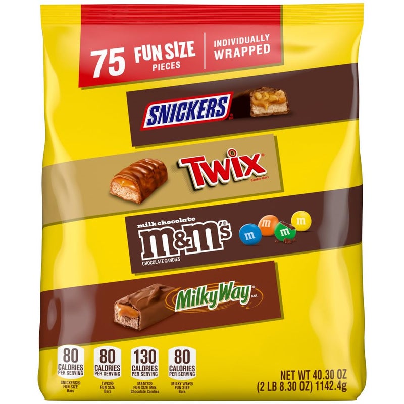 Mars حزمة متنوعة من حلوى الشوكولاتة بحجم المرح SNICKERS و M&M'S شوكولاتة الحليب و MILKY WAY و TWIX، حزمة متنوعة لحلوى الهالوين، 75 قطعة في كيس بالجملة - Image 1