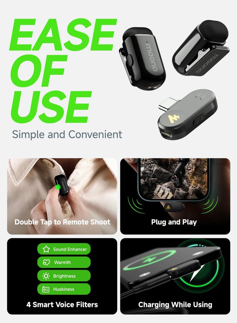 ماونو ميكروفون لافالير لاسلكي صغير Wave T1 لأجهزة iPhone 16 15 Android Tablet PC مع قابس USB-C وإلغاء الضوضاء وفلتر صوت AI ومدة استخدام 30 ساعة مع حافظة شحن لتسجيل الفيديو TikTok YouTube - Image 2
