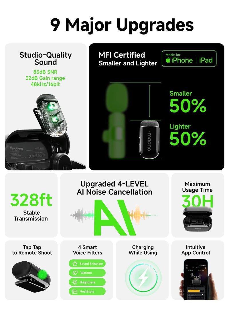 ماونو ميكروفون لافالير لاسلكي صغير Wave T1 لأجهزة iPhone 16 15 Android Tablet PC مع قابس USB-C وإلغاء الضوضاء وفلتر صوت AI ومدة استخدام 30 ساعة مع حافظة شحن لتسجيل الفيديو TikTok YouTube - Image 3