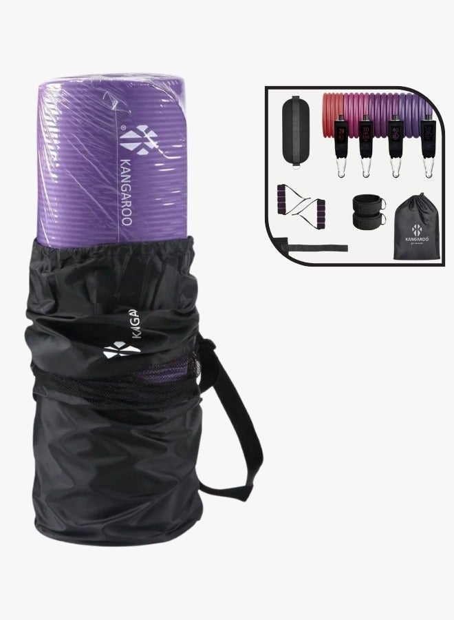 كانجرو مجموعة فرشة التمارين سمك 15 ملي بنفسجي مع حبال مقاومة شاملة