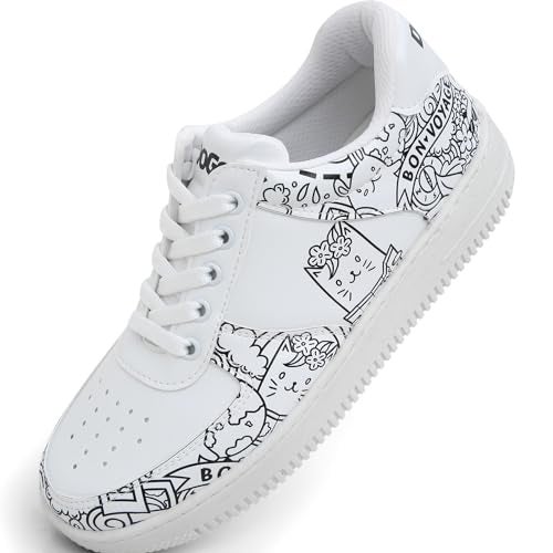 DOGO White Sneakers for Women - Handmade Women's Fashion Sneakers, Vegan Leather and Unique Design Dice Sneakers Bon Voyage Design, Size 8 - Image 1
