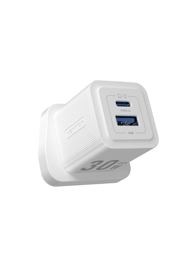 فينشن شاحن VENTION ثنائي المنفذ USB (C + A) GaN (30 واط/30 واط) قابس المملكة المتحدة أبيض رقم الموديل FEQW0-UK  - Image 1