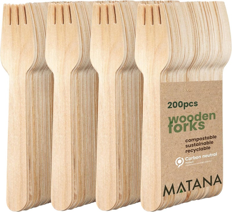 MATANA - 100% Natural Disposable Bamboo Wooden Forks 5.5" Inch (200 Pack) - Compostable Cutlery, Biodegradable Utensils for Garden Parties & Summer Events - Image 1