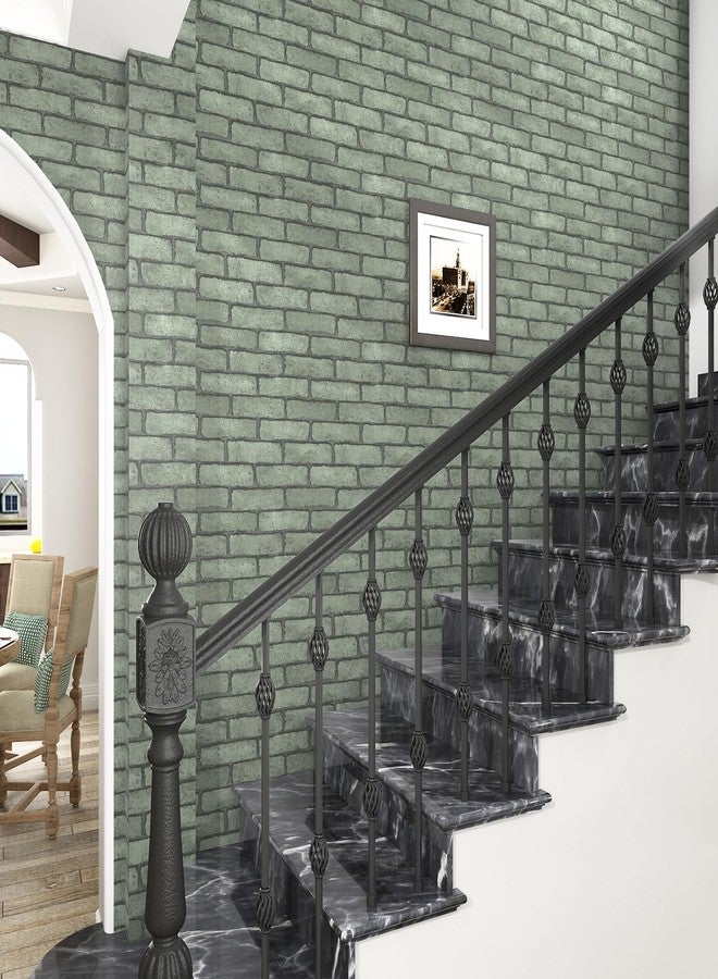 Wallercity Green/Gray Brick Wallpaper Peel and Stick Wallpaper for Kitchen Backsplash Living Room Bedroom Decor Self Adhesive Removable Faux Brick Wall Paper for Accent Walls 24''x394'' Vinyl Film - Image 2