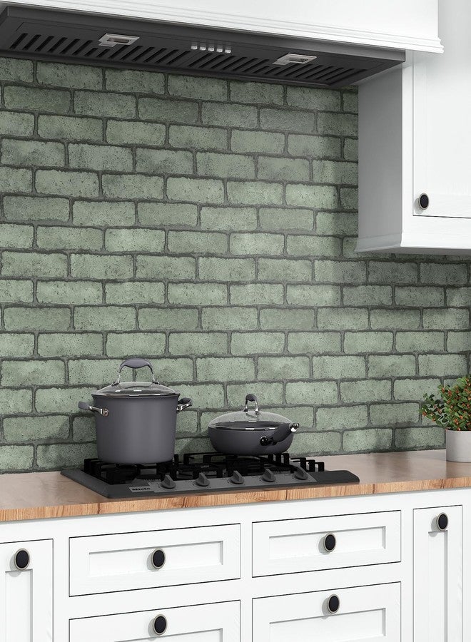 Wallercity Green/Gray Brick Wallpaper Peel and Stick Wallpaper for Kitchen Backsplash Living Room Bedroom Decor Self Adhesive Removable Faux Brick Wall Paper for Accent Walls 24''x394'' Vinyl Film - Image 1