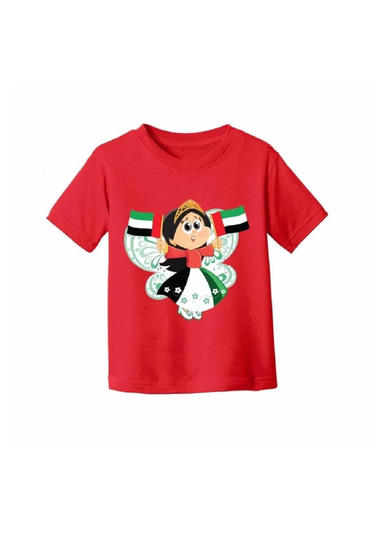 UAE National Day Cartoon Printed T-Shirt For Girls – Red Round Neck Cotton Tee With Emirati Flag Design | Kids National Day Outfit  - Image 3