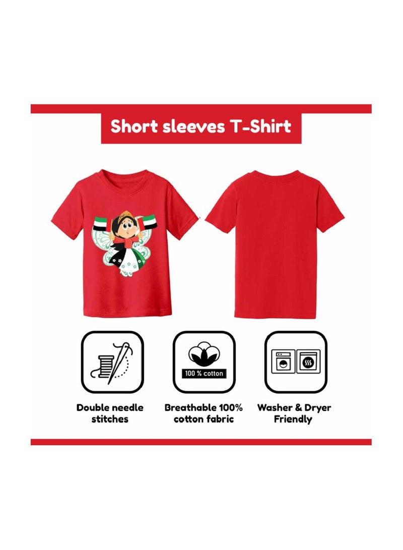 UAE National Day Cartoon Printed T-Shirt For Girls – Red Round Neck Cotton Tee With Emirati Flag Design | Kids National Day Outfit  - Image 5