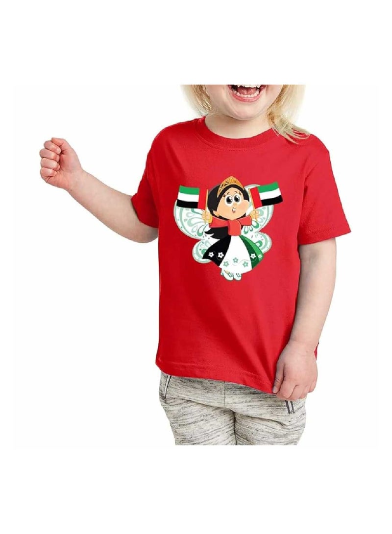 UAE National Day Cartoon Printed T-Shirt For Girls – Red Round Neck Cotton Tee With Emirati Flag Design | Kids National Day Outfit  - Image 1