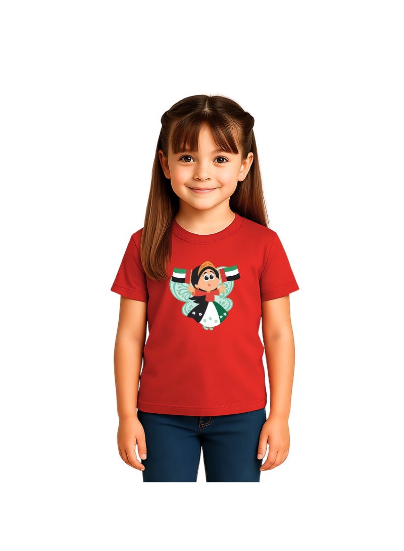 UAE National Day Cartoon Printed T-Shirt For Girls – Red Round Neck Cotton Tee With Emirati Flag Design | Kids National Day Outfit - Image 1