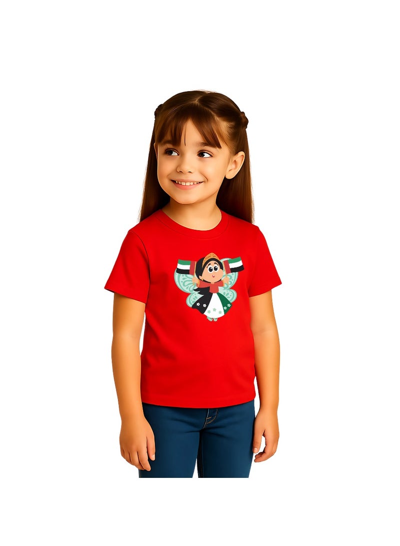 UAE National Day Cartoon Printed T-Shirt For Girls – Red Round Neck Cotton Tee With Emirati Flag Design | Kids National Day Outfit - Image 2