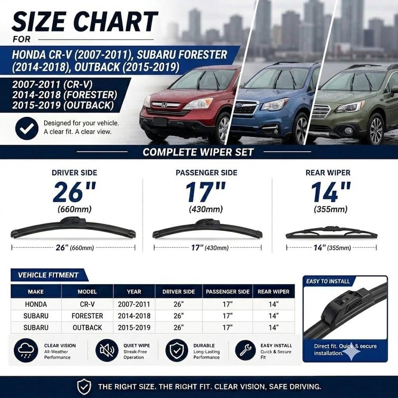 AERO Wipers Replacement for Honda CR-V CRV 2011-2007 Subaru Forester 2018-2014 Outback 2019-2015, 26"+17" Front + 14" Rear, Premium All-Season Windshield Wiper Blades with Extra Refills (Set of 3) - Image 2