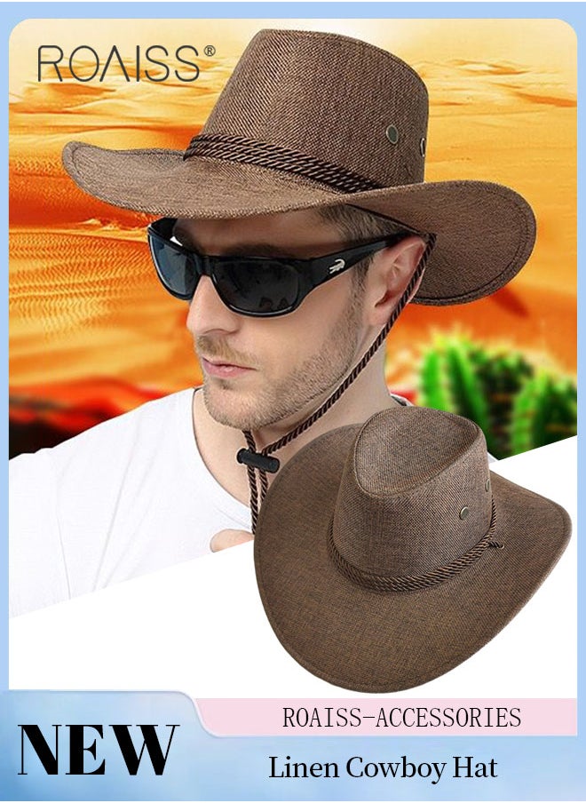 roaiss - Men's Summer Linen Cowboy Hat, Lightweight and Breathable Wide Brim Sun Hat with Adjustable Windproof Rope for Outdoor Beach Climbing - Image 1