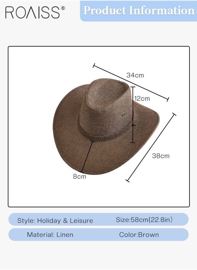 roaiss - Men's Summer Linen Cowboy Hat, Lightweight and Breathable Wide Brim Sun Hat with Adjustable Windproof Rope for Outdoor Beach Climbing - Image 1
