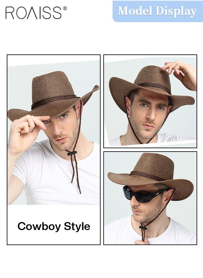 roaiss - Men's Summer Linen Cowboy Hat, Lightweight and Breathable Wide Brim Sun Hat with Adjustable Windproof Rope for Outdoor Beach Climbing - Image 1