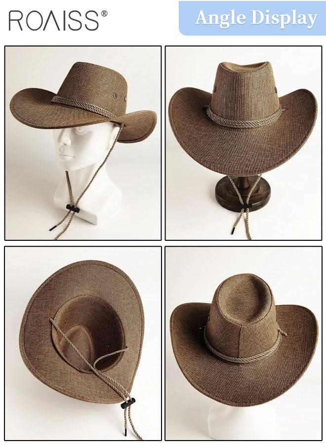 roaiss - Men's Summer Linen Cowboy Hat, Lightweight and Breathable Wide Brim Sun Hat with Adjustable Windproof Rope for Outdoor Beach Climbing - Image 1