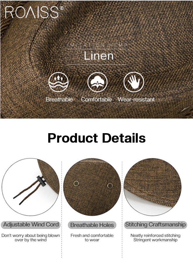 roaiss - Men's Summer Linen Cowboy Hat, Lightweight and Breathable Wide Brim Sun Hat with Adjustable Windproof Rope for Outdoor Beach Climbing - Image 1