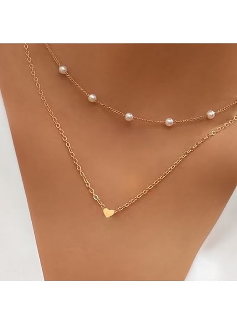Huitich Elegant Double Layer Gold Necklace with Pearls & Heart Pendant – Alloy Jewelry for Women - Image 2