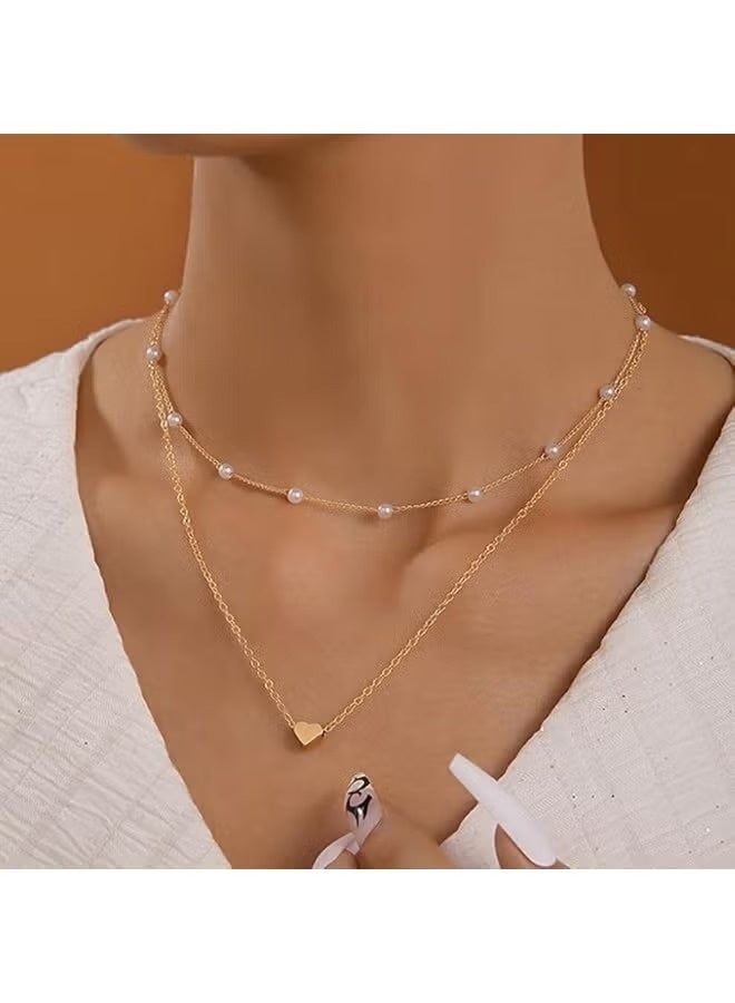 Elegant Double Layer Gold Necklace with Pearls & Heart Pendant – Alloy Jewelry for Women