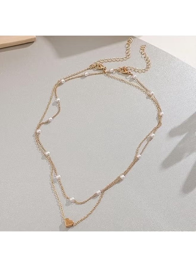 Huitich Elegant Double Layer Gold Necklace with Pearls & Heart Pendant – Alloy Jewelry for Women - Image 4