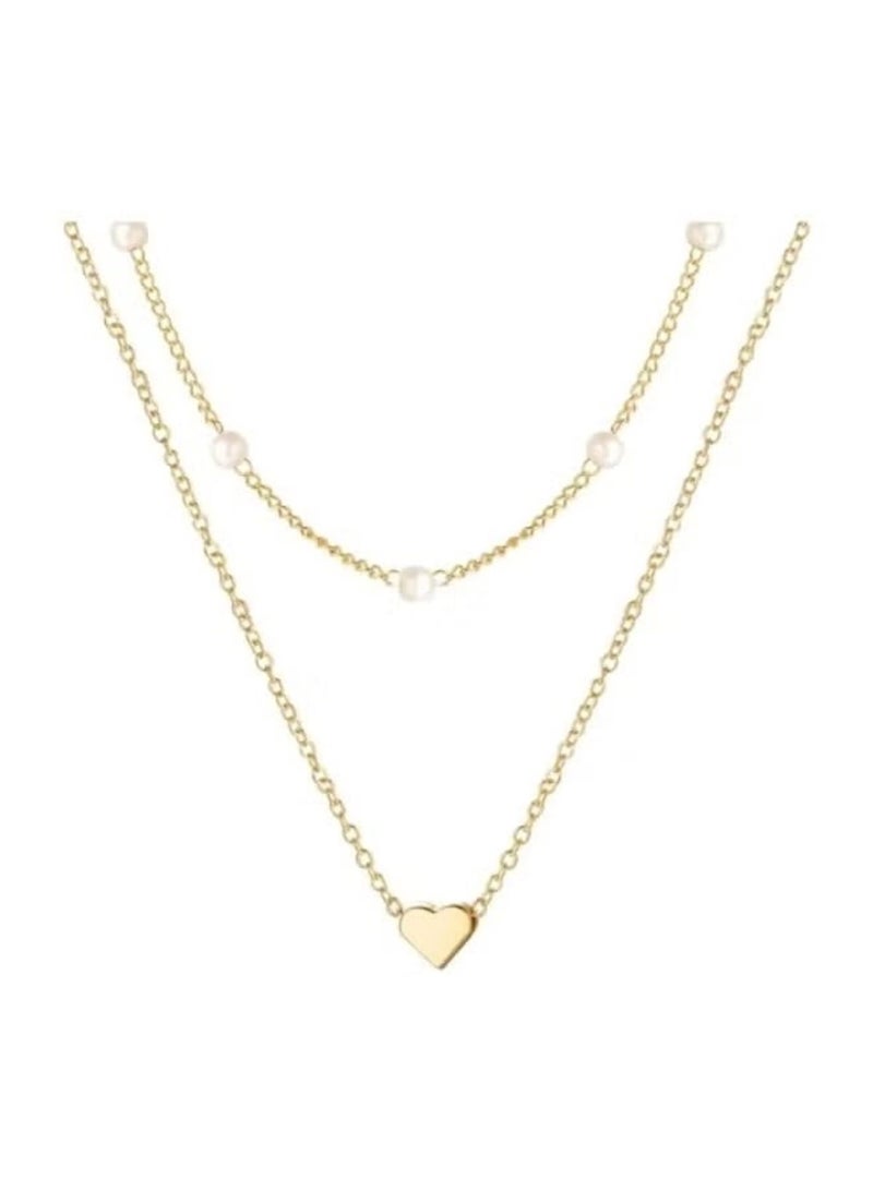 Huitich Elegant Double Layer Gold Necklace with Pearls & Heart Pendant – Alloy Jewelry for Women - Image 1