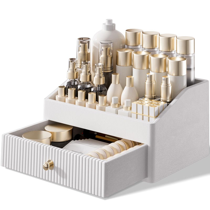 LADSTAG Makeup OrganizerLeather Skin Organizer with 1 DrawerTrayLuxury Beige White Makeup Storage for PerfumeBedroomBathroomGifts for WomenWomens Gifts White 1Drawer - Image 2