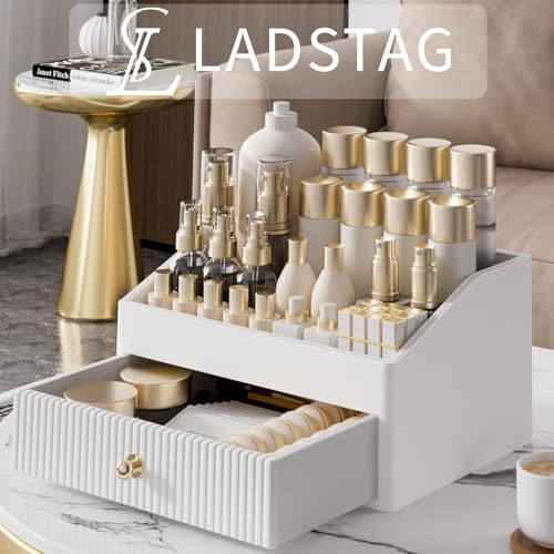 LADSTAG Makeup OrganizerLeather Skin Organizer with 1 DrawerTrayLuxury Beige White Makeup Storage for PerfumeBedroomBathroomGifts for WomenWomens Gifts White 1Drawer - Image 3