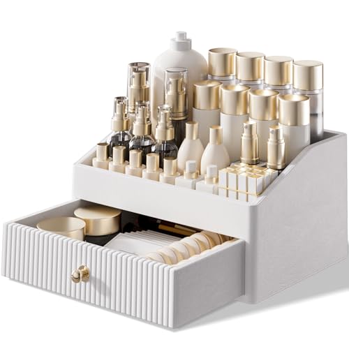LADSTAG Makeup OrganizerLeather Skin Organizer with 1 DrawerTrayLuxury Beige White Makeup Storage for PerfumeBedroomBathroomGifts for WomenWomens Gifts White 1Drawer - Image 1