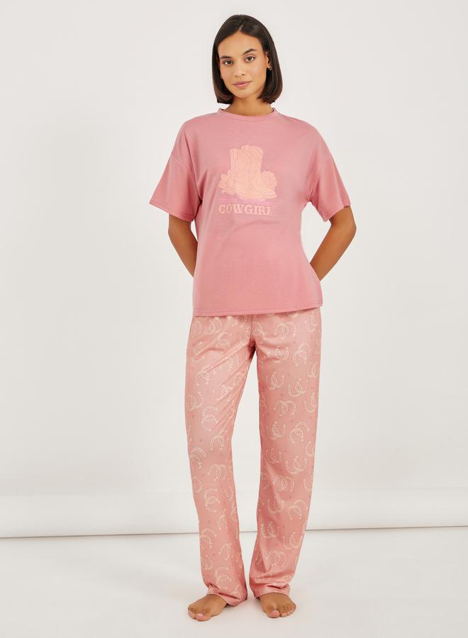 Styli Cow Girl Graphic Dropped Shoulder T-Shirt and Pyjama Set  - Image 1