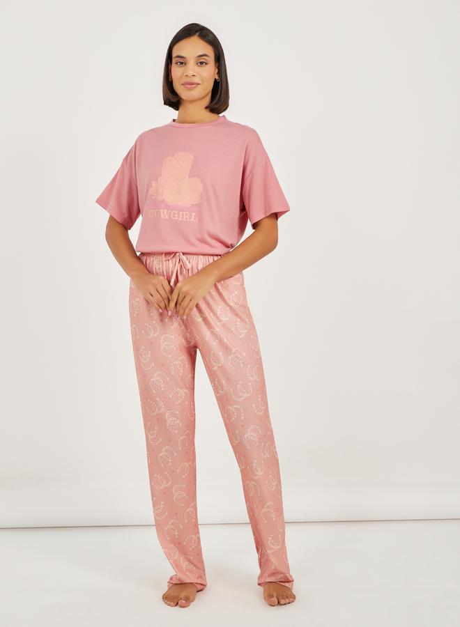 Styli Cow Girl Graphic Dropped Shoulder T-Shirt and Pyjama Set  - Image 4