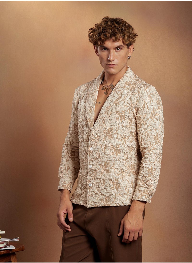 Campus Sutra Campus Sutra Men's Sand Beige Crushed Shawl Collar Oversized Shirt For Casual Wear | Shawl Collar | Long Cuffed Sleeves | Button Closure | Oversized Shirt Crafted With Comfort Fit For Everyday Wear  - Image 3