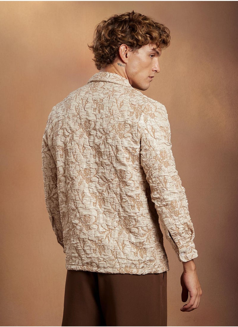 Campus Sutra Campus Sutra Men's Sand Beige Crushed Shawl Collar Oversized Shirt For Casual Wear | Shawl Collar | Long Cuffed Sleeves | Button Closure | Oversized Shirt Crafted With Comfort Fit For Everyday Wear  - Image 5