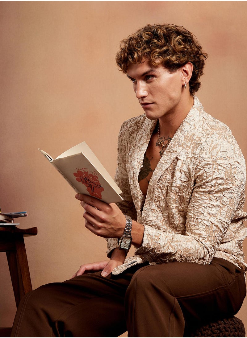 Campus Sutra Campus Sutra Men's Sand Beige Crushed Shawl Collar Oversized Shirt For Casual Wear | Shawl Collar | Long Cuffed Sleeves | Button Closure | Oversized Shirt Crafted With Comfort Fit For Everyday Wear  - Image 1