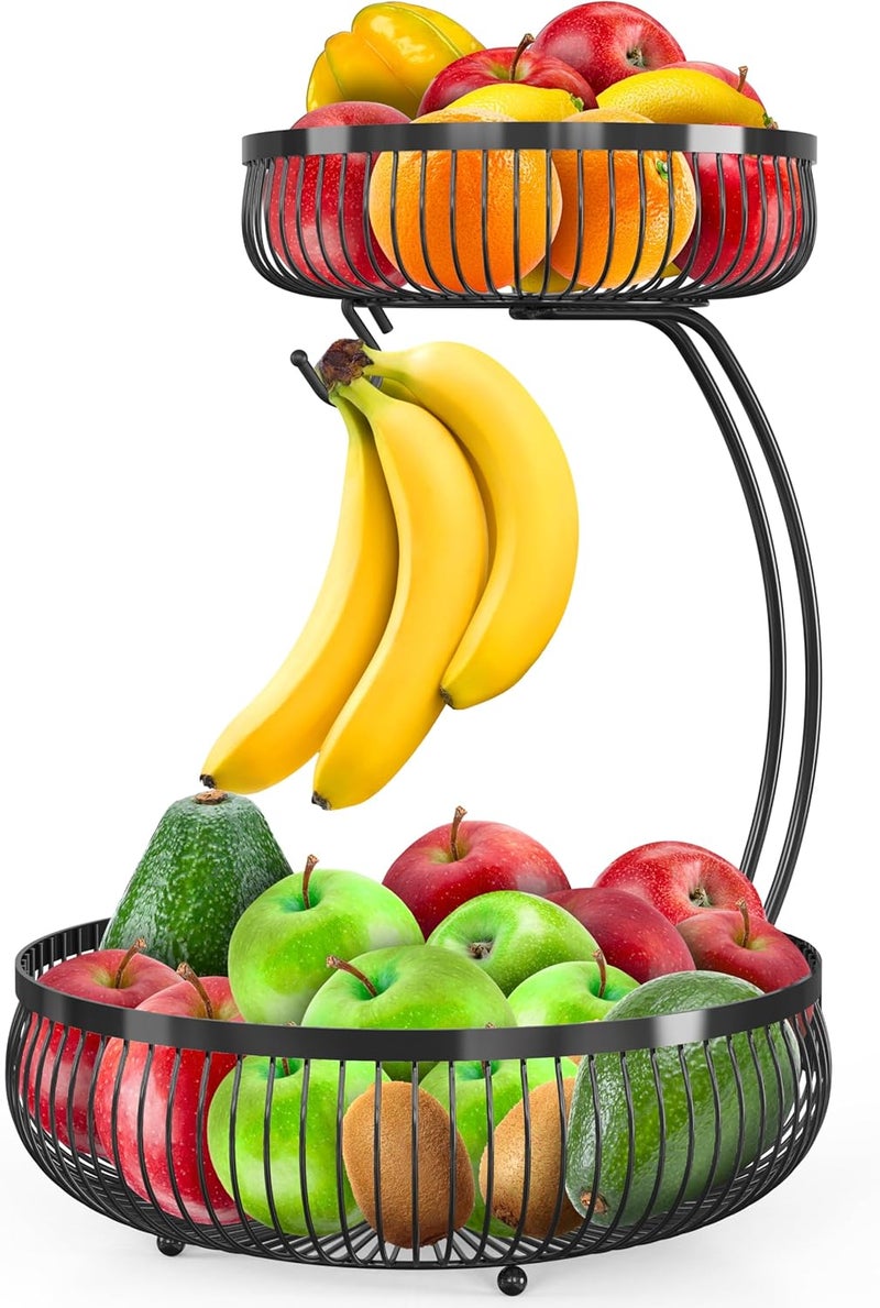 Simple Houseware 2Tier Countertop Fruit Basket with Banana Hanger Black - Image 1