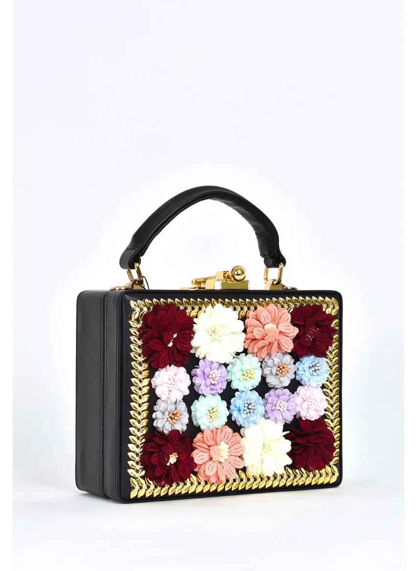 Elatae Women's Shoulder Strap Floral Stone Evening Dress Daily Handbag Black 17611