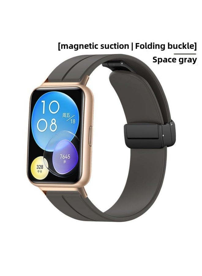 Generic For Huawei WatchFit2 Watch Band Watch Fit3 Generation Smart Watch Elegant Edition Silicone Metal Magnetic-Color:Space Gray [magnetic Suction | Folding Buckle] - Applicable: Huawei Fit2 Series - Black Connector  - Image 1