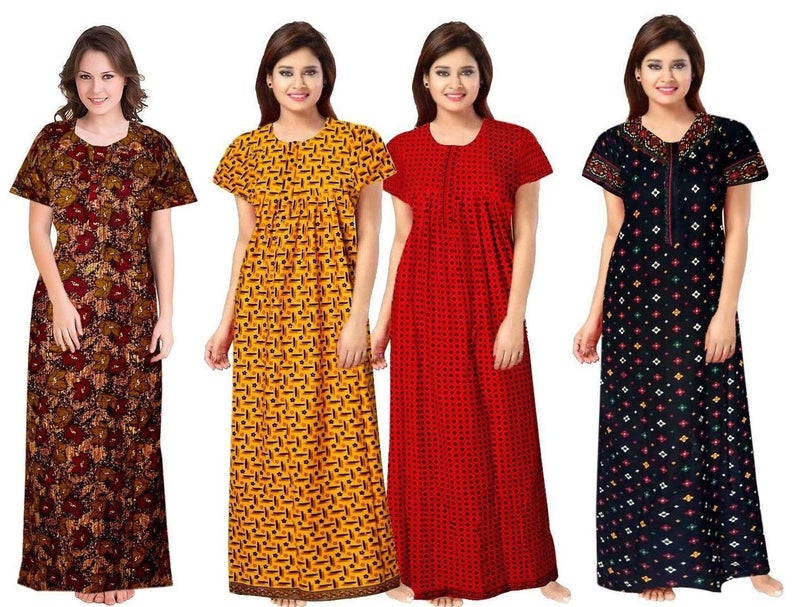 Keyocean Women's Cotton Printed Maxi Night Gown Nighty (Pack of 4) Brown, Yellow, Red & Navy Blue - Image 4