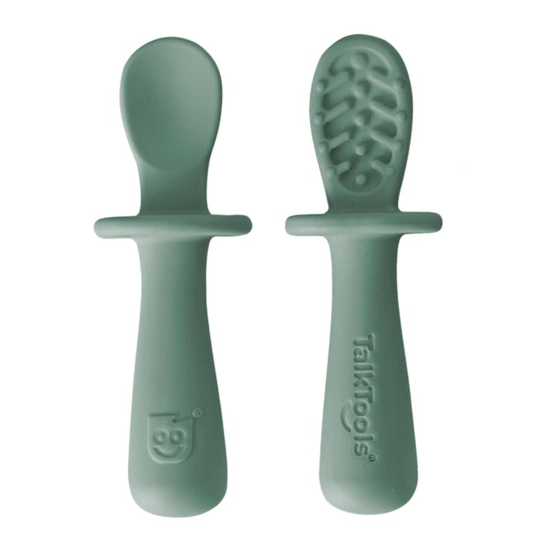 TalkTools ITSY Tiny Silicone Spoons  Twin Pack Soft Silicone SelfFeeding Training Spoons for Kids  Toddlers AntiChoking Flange Guard and NonSlip Handle Sage