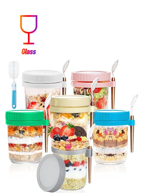 6 Packs Overnight Oats Containers with Lids and Spoons,12oz Glass Airtight Yogurt Overnight Oats Jars, 350ML Large Capacity Airtight Jars for Milk, Cereal, Fruit