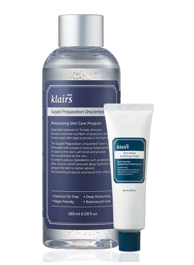 Klairs Dry & Sensitive Skin Relief – Klairs Supple Preparation Unscented Toner + Rich Moist Soothing Cream Set for Hydration & Barrier Repair - Image 1