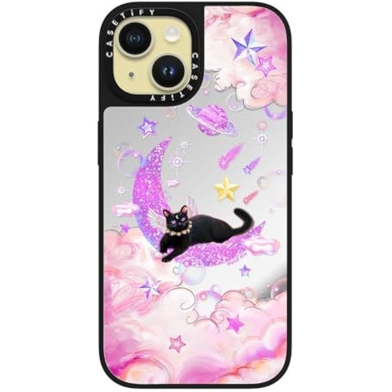 Casetify Mirror iPhone 15 Case 【Reflective / 4.9ft Drop Protection/Compatible with Magsafe】 - The Cat from The Moon by Mond Kim - Silver on Black - Image 2