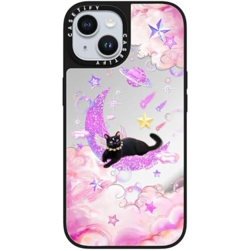 Casetify Mirror iPhone 15 Case 【Reflective / 4.9ft Drop Protection/Compatible with Magsafe】 - The Cat from The Moon by Mond Kim - Silver on Black - Image 4