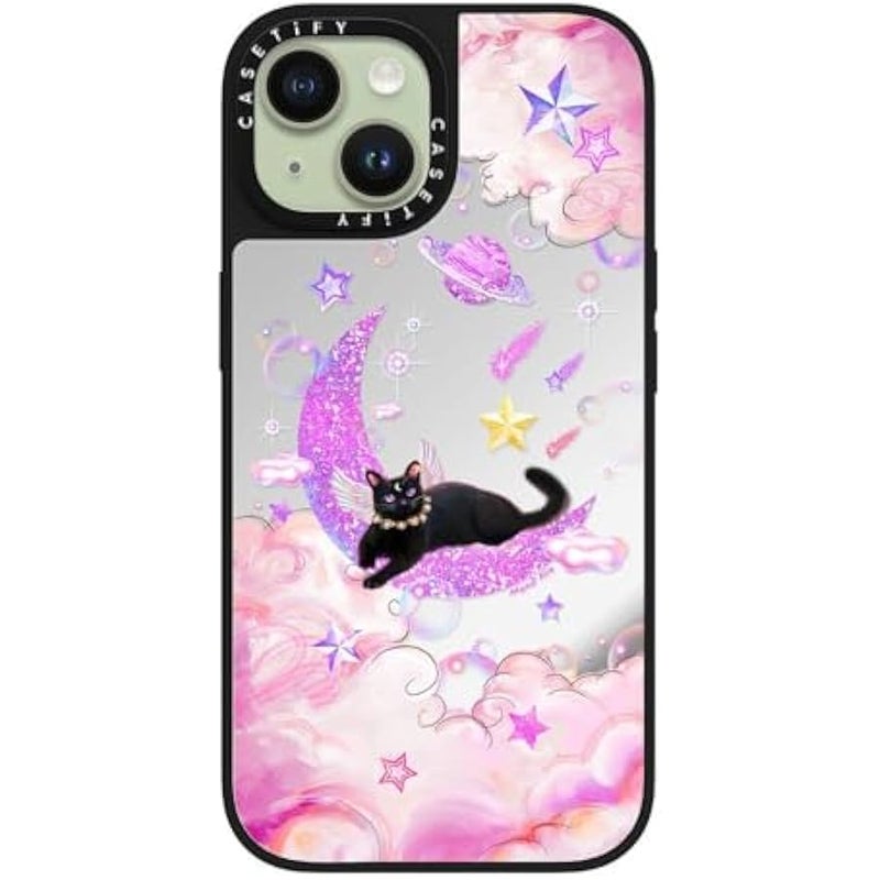 Casetify Mirror iPhone 15 Case 【Reflective / 4.9ft Drop Protection/Compatible with Magsafe】 - The Cat from The Moon by Mond Kim - Silver on Black - Image 3