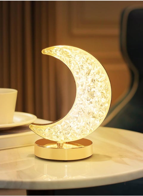 مصباح طاولة كريستال LED على شكل هلال رمضان ، مصباح ليلي LED بمستشعر لمس و3 اوضاع الوان قابلة للتعديل مع كيبل USB، اضاءة داخلية للمنزل والمكتب وغرفة النوم والمعيشة