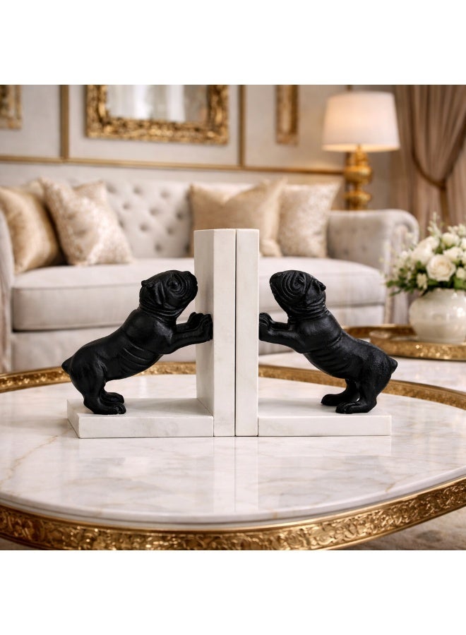 Handmade Decorative Black Dog Bookends with Natural Marble Base - Image 1