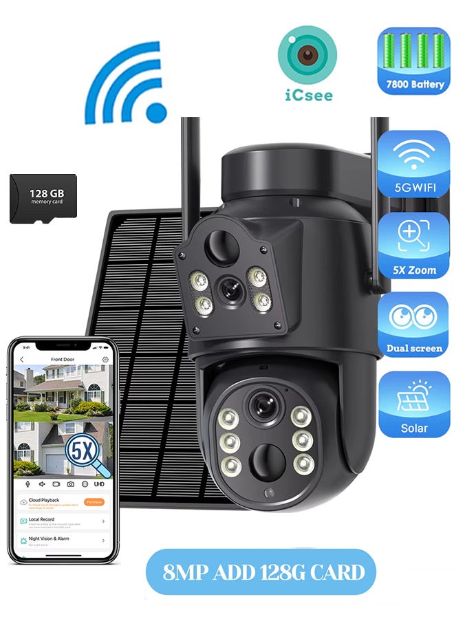 Generic 8MP Dual Lens PTZ Solar Camera Dual Screens PIR Human Detect Outdoor Security CCTV Surveillance  Built in Battery PIR Cam WiFi, Waterproof IP66 with 128G Card  - Image 1