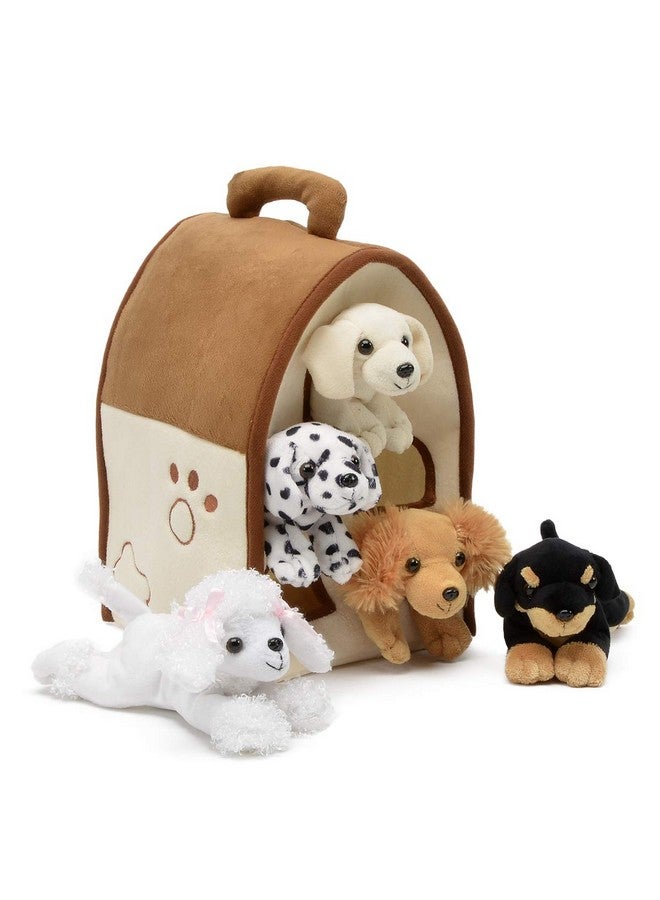 Unipak Plush Dog House -Five (5) Stuffed Animal Dogs (Dalmation, Yellow Lab, Rottweiler, Poodle, Cocker Spaniel) in Play Dog House Carrying House